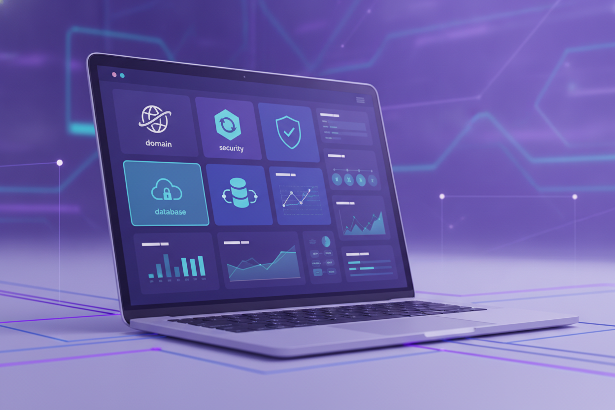 Abstract illustration of a hosting control panel with security, backup, and website tools