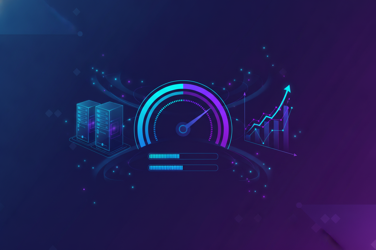 Abstract illustration of website speed, hosting servers, and performance analytics